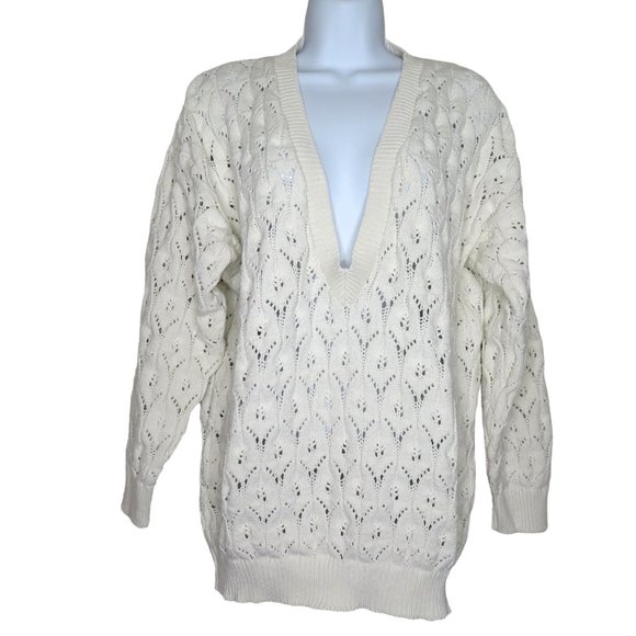 Vintage 80s Harot Pullover Cotton Sweater L White Open Knit V Neck Made in USA - Picture 8 of 10